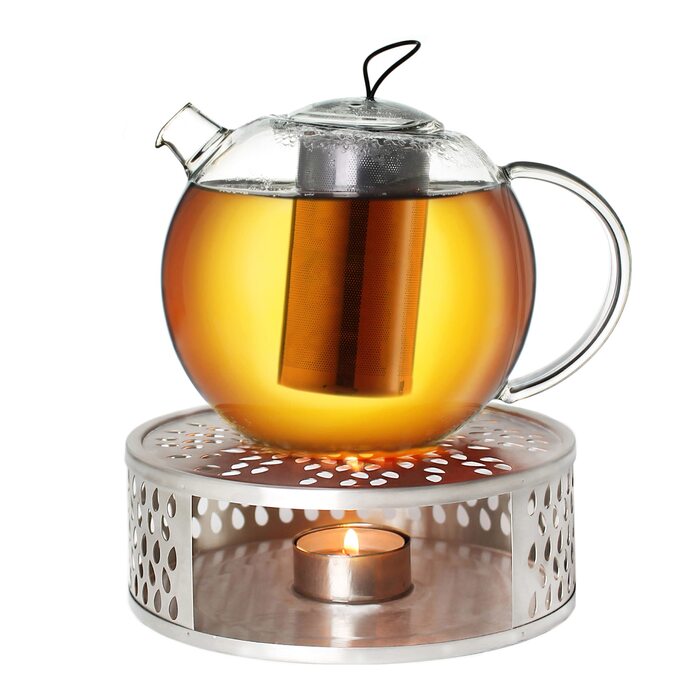 Скляна чайник Creano 1.2л з підставкою, 3-секційна з нержавіючої сталі та ситечко, для листового чаю, без крапель (1000мл)