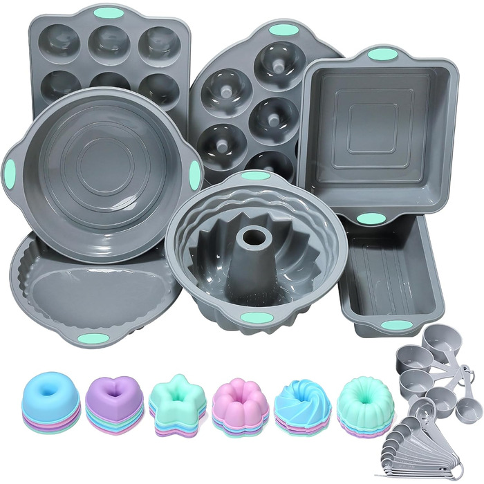 Encounter 31-Piece Silicone Baking Molds Set – 7 Silicone Baking Molds, 24 Muffin Donut Forms, Non-Stick Coated with Metal-Reinforced Frame, Increased Strength, Light Gray