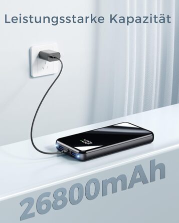 Портативний акумулятор Power Bank 26800mAh з LED дисплеєм, швидкою зарядкою 22.5W USB-C PD3.0 & QC4.0, чорний. Сумісний з iPhone 16 Pro Max, Galaxy S25 Edge/S24, планшетами