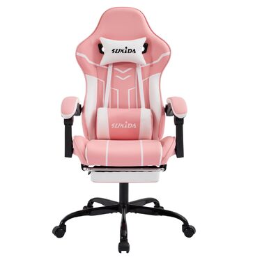 Ігрове крісло SUKIDA Ergonomic Gaming Chair з підножкою та підтримкою попереку, комп'ютерне офісне крісло (Рожево-біле)