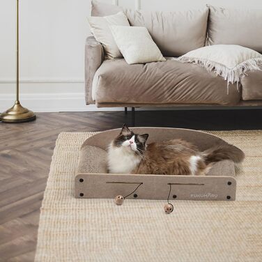 Cat Scratch Board, 66CM Durable Scratch Cardboard and Felt, Large Lounger, 2 Reversible Cat Scratch Pads for Cats, Recyclable Cardboard Cat Bed with Bell Ball Toy, Caramel Color (Large Format Beige)