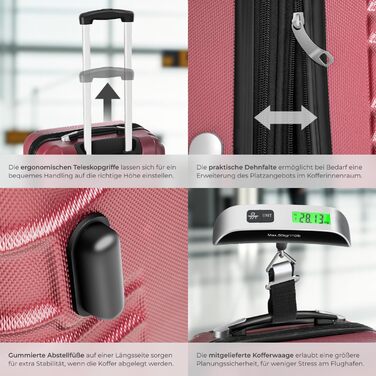 Набір валіз Tectake® 4 шт. з жорстким корпусом ABS, з колесами, телескопічною ручкою та замком, включаючи ваги та аксесуари для валіз. Розміри: S, M, L, XL (Бордовий)