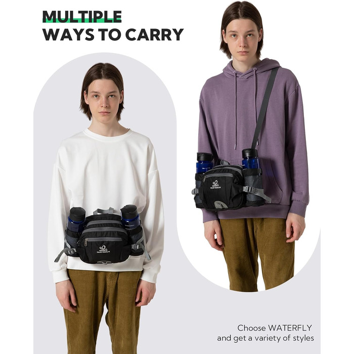 Водонепроникна поясна сумка Waterfly з тримачем для пляшки, регульованим ременем, кишенею для телефону, для туризму, подорожей, кемпінгу, чорна