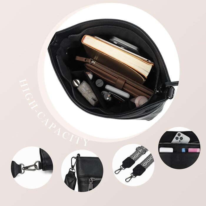 Сумка жіноча Gladdon шкіряна чорна крос-боді середнього розміру через плече з широким ременем та жакардовою тканиною