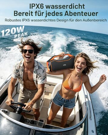 Bluetooth колонка портативна 120W помаранчева з басами, водонепроникна IP65, підтримка DSP/TWS/AUX/TF/BT5.4 для вечірок та пляжу