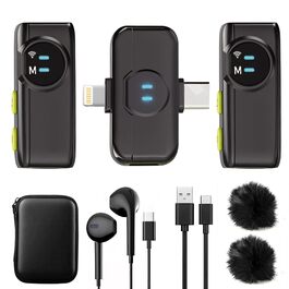 USB-C Беспроводной петличный микрофон 2-в-1 для iPhone, с шумоподавлением KI, мини-микрофон для видеоблогинга, видео, подкастов, интервью, TikTok, YouTube - Черный (2 TX + 1 RX) A5-Basic Black (2 в 1)