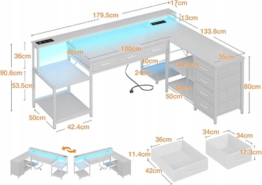Кутовий ігровий стіл L-подібний, білий, з 7 шухлядами та LED-підсвіткою