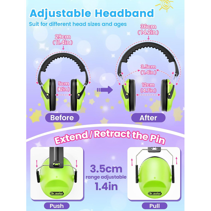 Навушники для захисту від шуму Dr.meter для дітей - пасивні навушники для школи, навчання, сну, автозму, гри на барабанах (зелені, рожеві, блакитні)