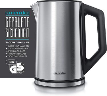 Arendo - Stainless Steel Kettle with Temperature Setting 40-100 Degrees in 5-Degree Increments - Double-Walled Design - Model ELEGANT - 1.5 Liter - 2200 W - Tea Kettle with Temperature Display - GS - Silver