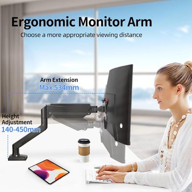 Кріплення для монітора Suptek MD01A: підходить для моніторів 13-32 дюймів, до 9 кг, газ-амортизатор, 360° оберт, регулювання висоти, нахил, VESA 75x75/100x100 мм, чорний