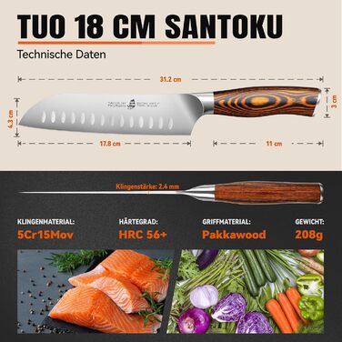 TUO Santoku ніж: професійний японський ніж з нержавіючої сталі, 18 см, ергономічна ручка з паккавуду, серія Fiery Phoenix
