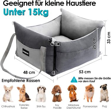 Portable Dog Car Seat for Small & Medium Dogs Under 15KG - Washable & Secure Travel Bed with Storage Pockets