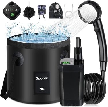 Портативна кемпінгова душ Spopal з акумулятором 6000mAh, 20л, з набором: душ, шланг 2м, для кемпінгу, відпочинку, автомийки, тварин