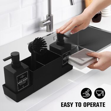 Dish Soap and Hand Soap Dispenser Kitchen Set with Sponge Holder and Brush, Dish Soap Dispenser Kitchen Black, Soap and Dish Soap Dispenser Set Kitchen Gadget Sink Organizer with Soap Dispenser (Black, 4 in 1)