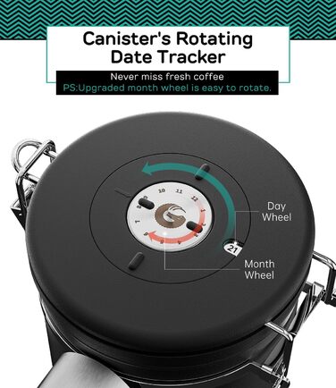 Контейнер для кави Coffee Gator з нержавіючої сталі, герметичний, з датчиком дати, CO2-вентилем, ложкою, для кавових зерен, меленої кави, горіхів, чаю, цукру (Чорний)