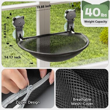 Cat Window Perch, Foldable & Stable Cat Beds - Breathable Cat Window Hammock for Monitoring, Sunbathing, and Climbing - Holds up to 18kg Maximum