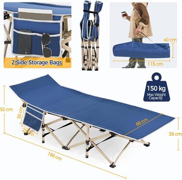 Ліжко гостьове Yaheetech складане для кемпінгу, блакитне, до 150 кг, з бічною кишенею та сумкою для транспортування