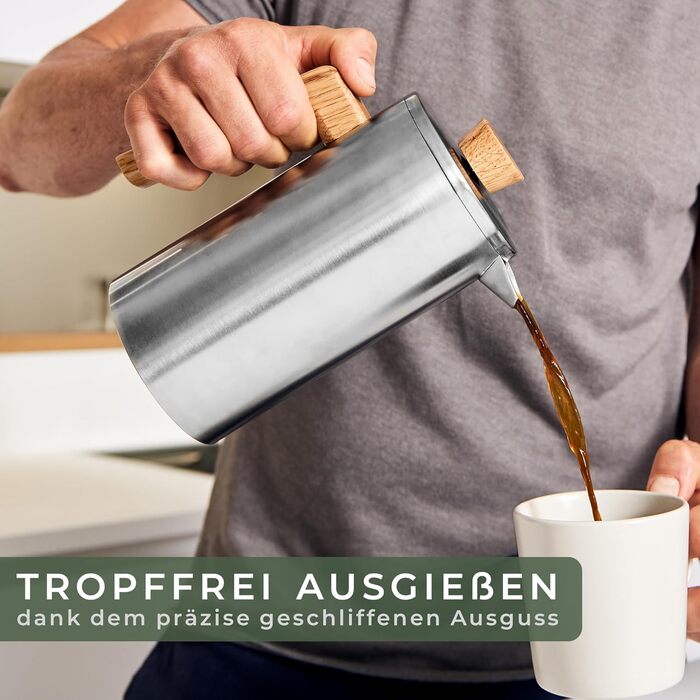 WALDWERK French Press (1L) - Coffee Maker made of double-walled stainless steel with an oak wood handle - plastic-free French Press 1L