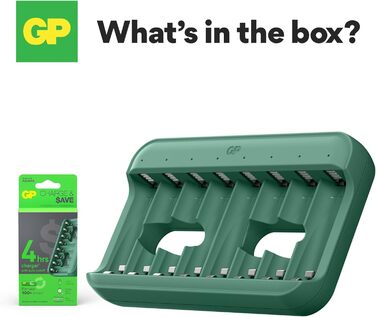 Зарядний пристрій для акумуляторів GP Charge&Save AA AAA з USB-C, 4 слоти, швидка зарядка, LED-індикатор, компактний дизайн