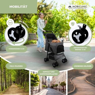 Mobiclinic® Pet Folding Dog Cart - 15kg Capacity, Small Dogs, Zuma Wheels with Brakes, XXL Storage Basket, 3 Zipper Windows & Mosquito Net, Cup Holder, Grey
