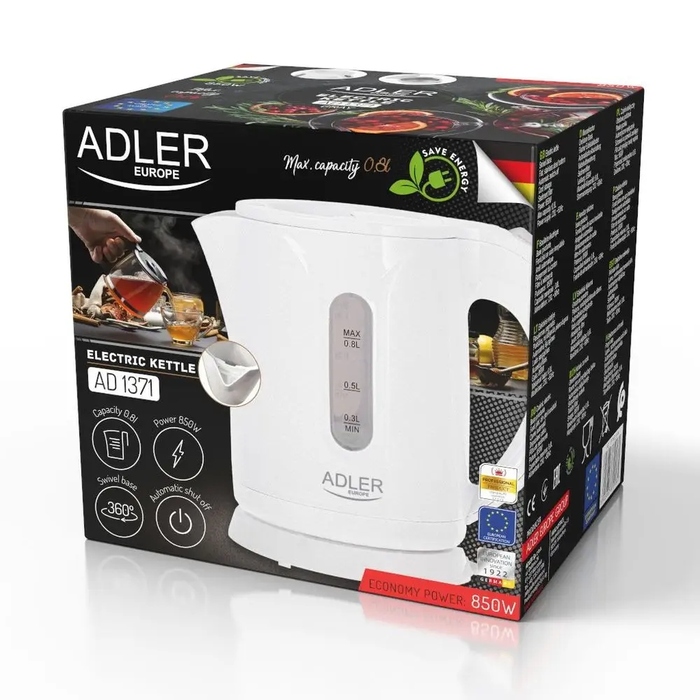 Електричний чайник Adler AD1371W, 850 Вт, 0,8 л, білий
