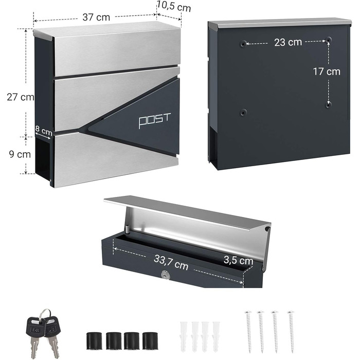 Поштовий ящик SONGMICS XXL, вуличний, з замком та відділенням для преси, антрацитово-сірий + сріблястий, GMB051G02
