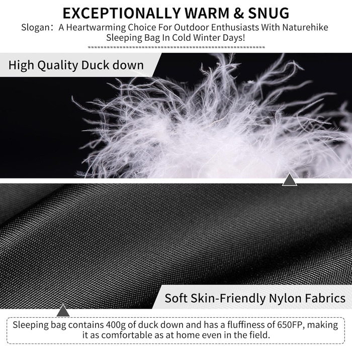 Спальний мішок Naturehike CW400: ультралегкий, пуховий, для дорослих, -11°C—6°C, з компресійним водонепроникним чохлом. Підходить для походів, велопоїздок та кемпінгу. Чорний колір.