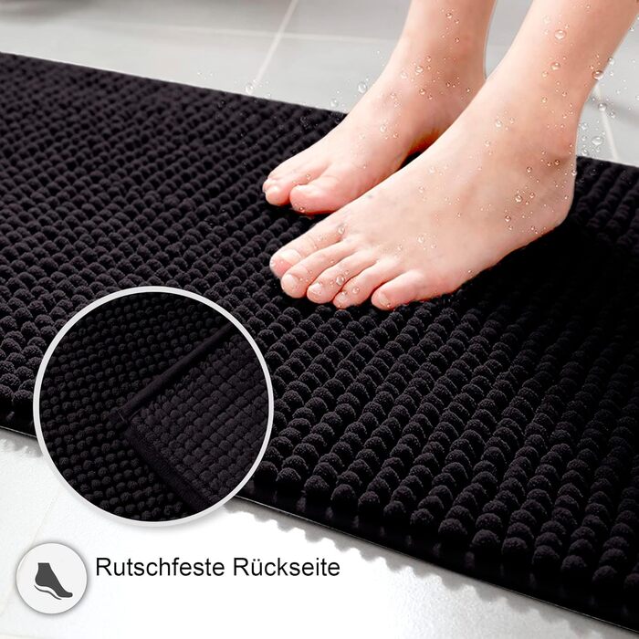 Килимок для ванної кімнати Decomira, 40x60 см та 50x80 см (2 шт), чорний, з Ченіллу, неслизький, для душу та ванни