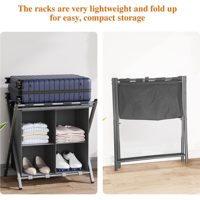 aboxoo 2-Pack Luggage Rack with Storage Space, Guest Room, Folding, Holds up to 54.4 kg, Space-Saving Suitcase Racks for Guest Rooms, Bedrooms, Hotels, Black (Gray, 2 Pieces)