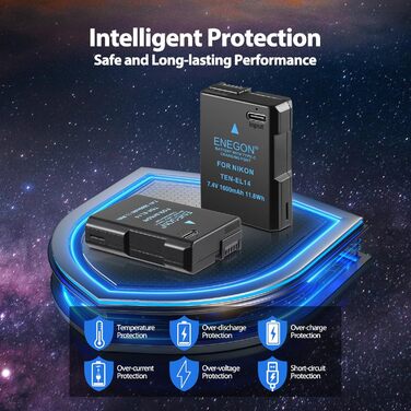 Зарядний пристрій ENEGON EN-EL14 20W з подвійним акумулятором, швидка зарядка, сумісний з Nikon D3100, D3200, D3300, D3400, D3500, D5100, D5200, D5300, D5500, D5600, Coolpix P7000, P7100, DF, LCD-дисплей, 2 USB-C для прямої зарядки камер