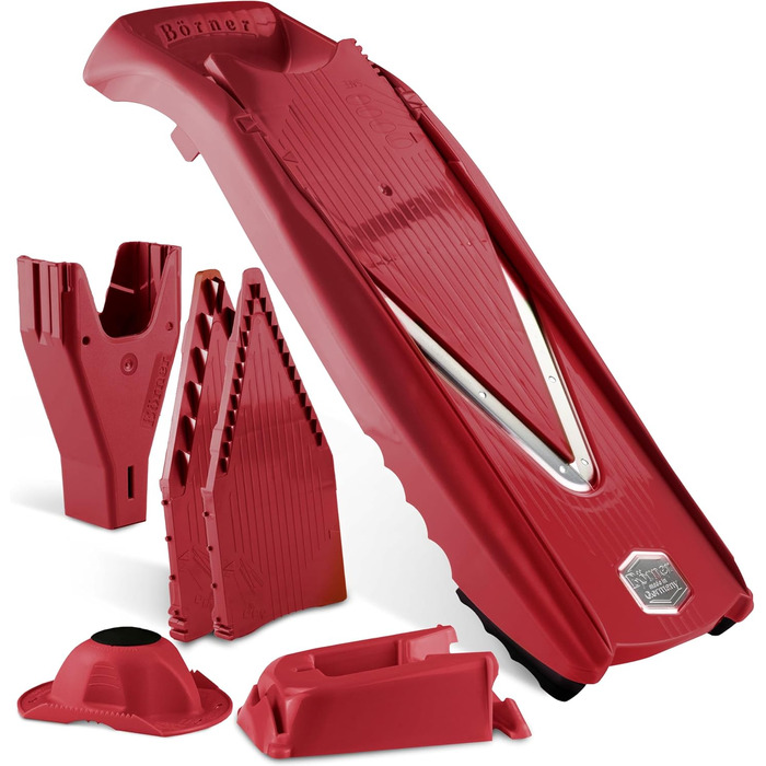Набір Börner Gemüsehobel V5 (Profi Set): 7-частинний набір для нарізки овочів з регульованим V-подібним ножем з нержавіючої сталі, включає док-станцію. Червоний колір.