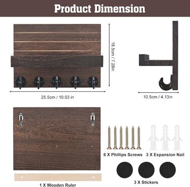 Дерев'яне настінне кріплення для ключів з полицею, декоративне, 5 гачків, для прихожої, спальні, вітальні (колір: коричневий)