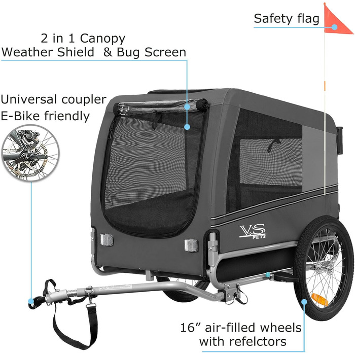 Візок для собак Tiggo VS Pets 2-в-1: візок та велопричіп, сірий, об'єм 270 л, до 35 кг