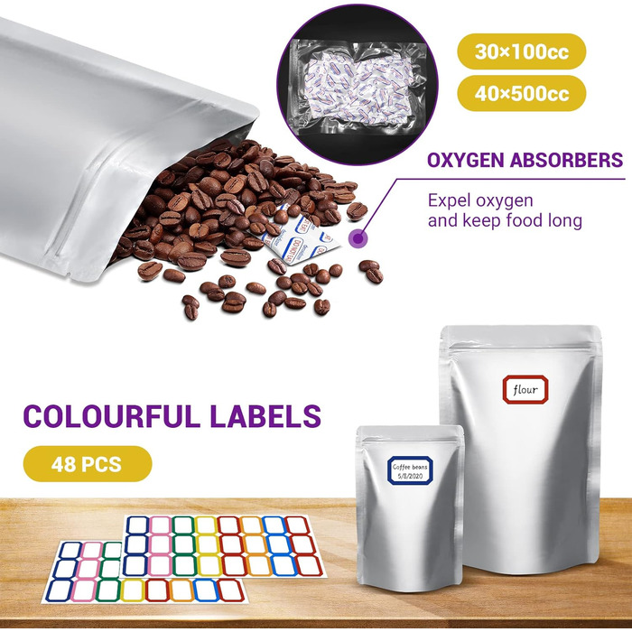 Mylar bags with oxygen absorbers for food, 43.5 x 71 cm, 25 x 35 cm, 1 Quart 15 x 22 cm, 8.6 Mil, Mylar bags with oxygen absorber 23000cc + Labels, vacuum sealer bags (50 pieces)