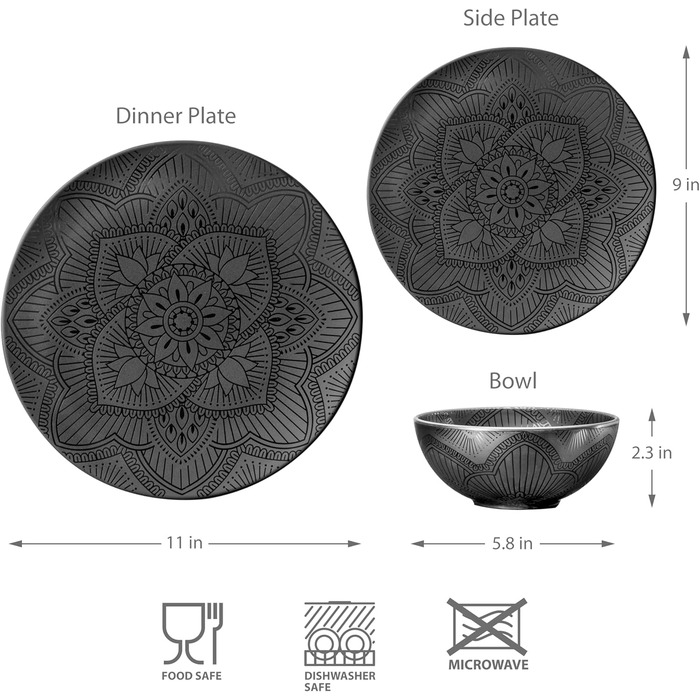 Набір тарілок та мисок Bzyoo з меламіну, 4 шт., чорний, La la Mandala. Без BPA, придатний для миття в посудомийній машині.