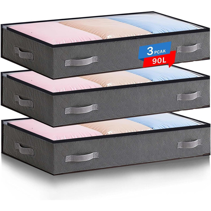 Комод під ліжко, ящик для зберігання 90л, 3 шт., сірий - органайзер для одягу та постільної білизни