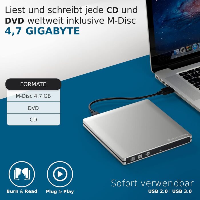 Зовнішній USB 3.0 DVD/CD привід techPulse120, портативний CDRW/DVDRW плеєр та записник для ноутбука, ПК та Ultrabook, сріблястий (алюміній)