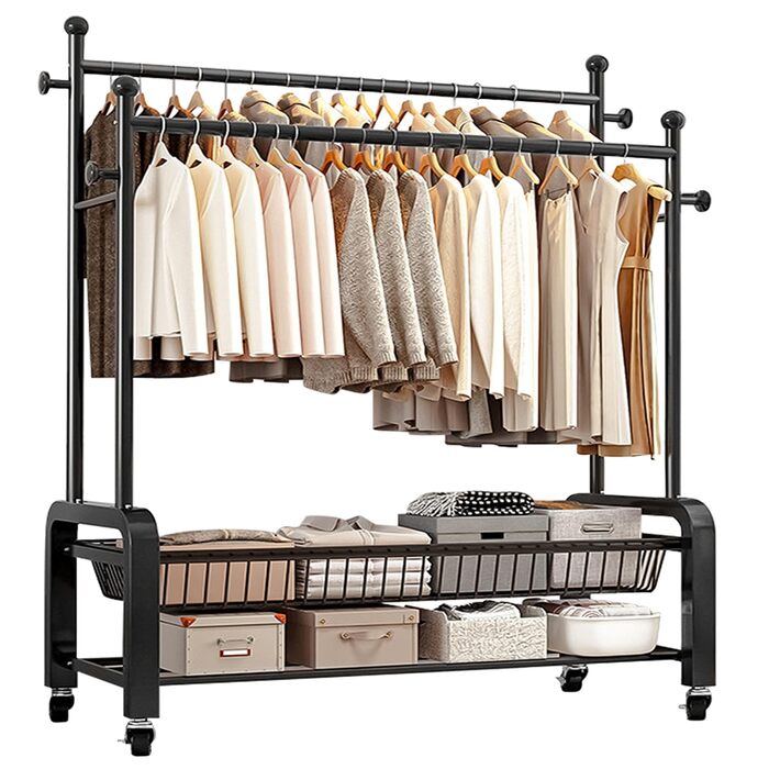 Стійка для одягу на колесах, чорна, з двома перекладинами, подвійне зберігання