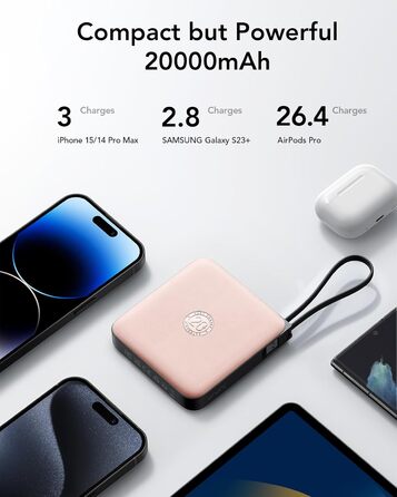 Power Bank VRURC 20000mAh з кабелем: компактний акумулятор для iPhone, Huawei, Samsung та інших пристроїв (рожевий)