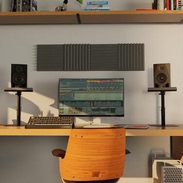 Надійні підставки для акустики зі звукопоглиначем – міцні, регульовані +/-20°, вантажопідйомність до 28 кг – ідеально для столу, студії або DJ-стілу