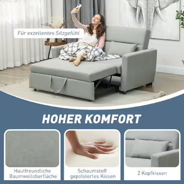 HOMCOM Sleeper Sofa, 2-Seater Sofa Bed with Sleeping Function, Adjustable Backrest, Couch with Cushions, Velvet Look, Sleeper Sofa with Storage Box for Living Room, Guest Room, Light Grey | Aosom