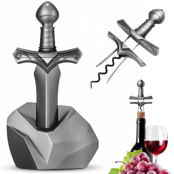 Шпатель для вина Excalibur, відкривач для пляшок у вигляді меча, преміум-сплав цинку, з підставкою з каменю, для старих та крихких пробок, подарунок чоловікові, колекціонеру, декор для бару (срібний)