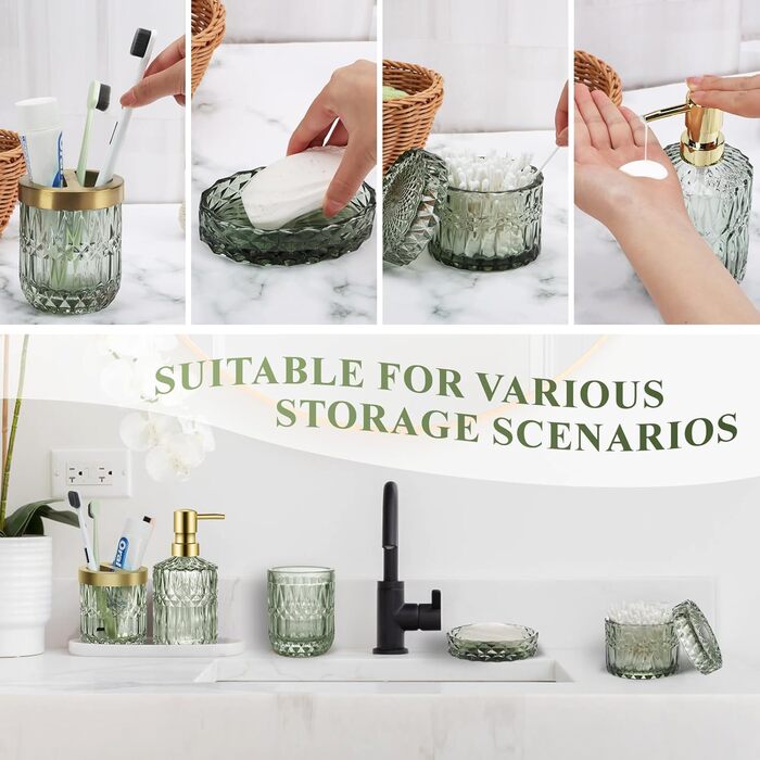 Набір аксесуарів для ванної кімнати 5 предметів, чорний дозатор для мила та лосьйону, мильничка, підставка для зубних щіток, стаканчик, склянка для ватних паличок, прозорий скляний бокс (Зелений)