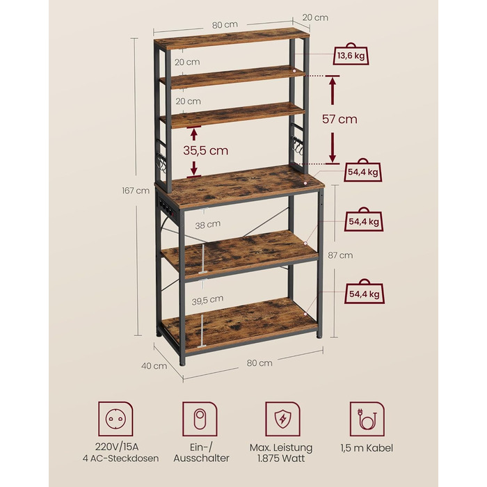 Стелаж кухонний VASAGLE з розетками, 6 полиць, гачки, сталевий каркас, 40x60x167 см, колір горіх + білий