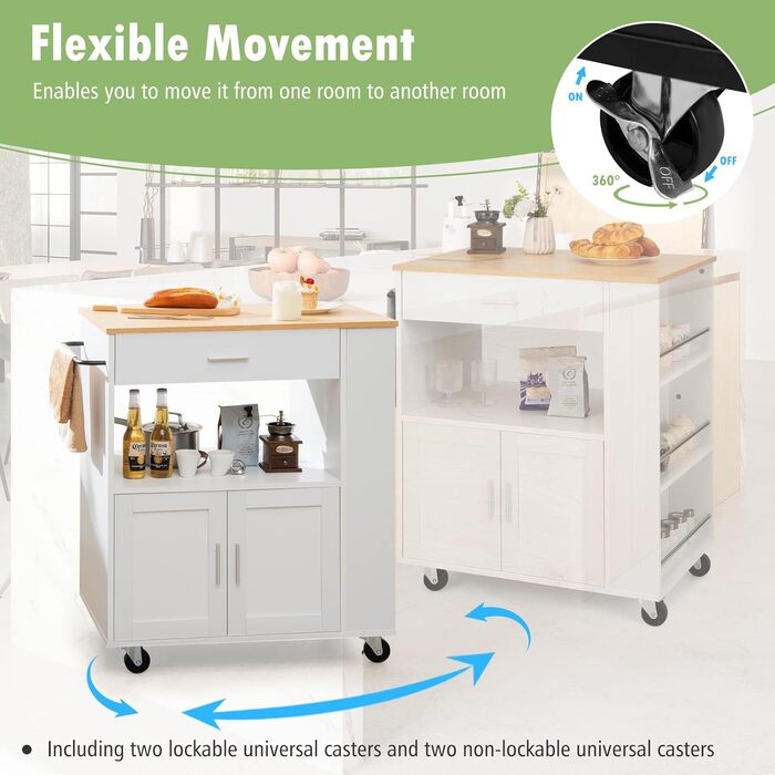Giantex Rolling Kitchen Cart with Drop Leaf Top, Kitchen Island with Storage, Mobile Kitchen Island Wood, Kitchen Storage Cabinet Serving Cart with Drawer & 3 Shelves (White)