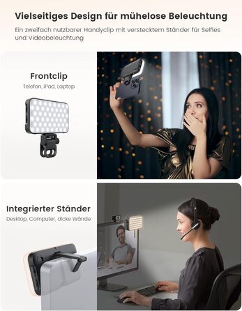Лампа для селфі з софтбоксом та штативом – перезарядна світлодіодна лампа Clip-Fill з 96 LED, для телефону, iPhone, камери та ноутбука, для макіяжу, TikTok, Vlogs та відеодзвінків