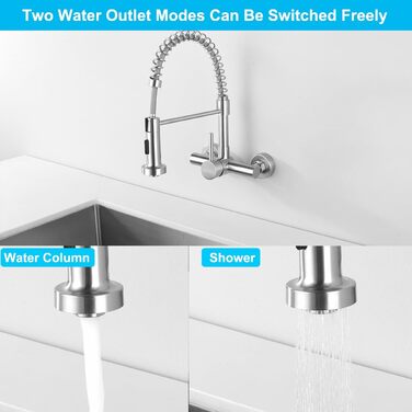 Змішувач кухонний настінний висувний з душем, поворотний 360°, з нержавіючої сталі, матовий, монтажне отвір 15 см