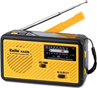 Радіо Kaito Voyager ECO KA336: AM/FM, NOAA, сонячна панель, ручне заряджання, LED-ліхтарик, USB-зарядка для телефону, жовтий