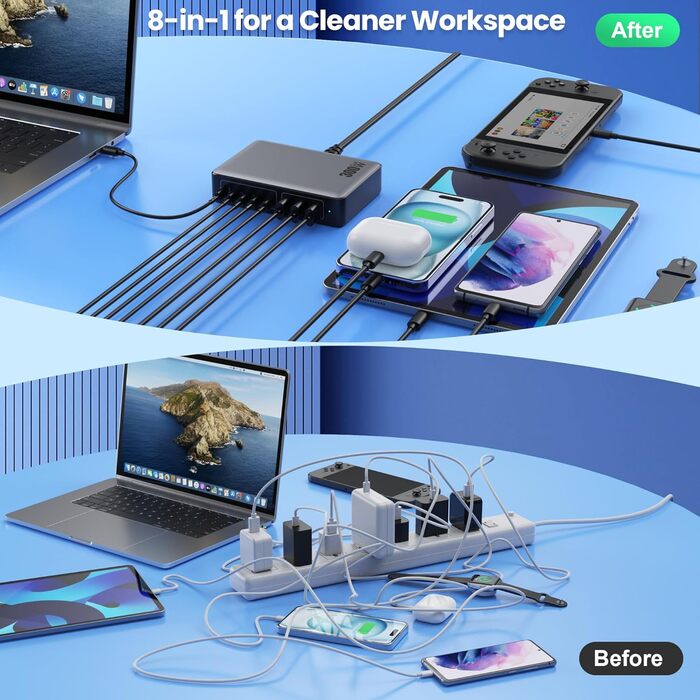 Зарядний пристрій USB C 300W, 8 портів, швидка зарядка 100W PD PPS для ноутбука, MacBook, iPad, iPhone 16/15/14, Samsung – Чорний