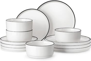 MALACASA, Leah Series, Dinnerware Set for 4 People, 12-Piece Porcelain Tableware Set, Combination Set, White Dinnerware with Black, Dinnerware Set consisting of 4x Dinner Plates, 4x Dessert Plates, 4x Cereal Bowls with Black Rim, 12-Piece